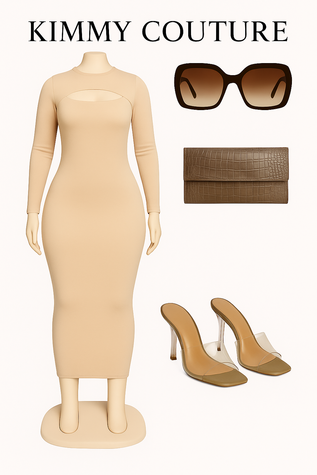 Beige Long Sleeve Bodycon Maxi Dress with Front Cut-Out – Elegant Going Out Outfit for Women