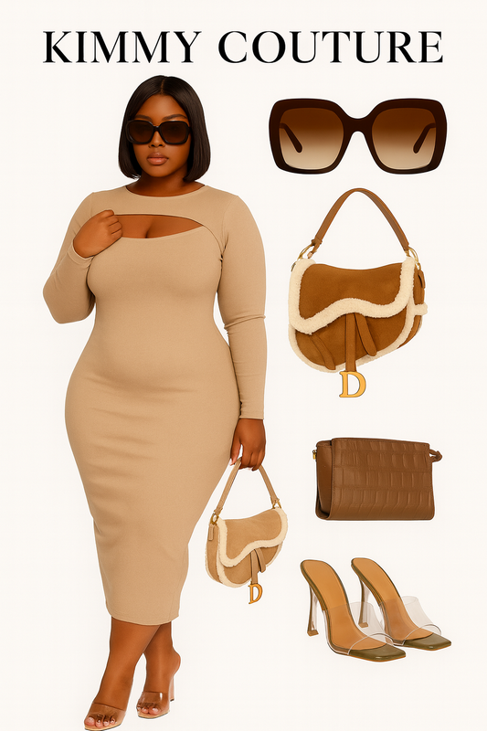 Beige Long Sleeve Bodycon Maxi Dress with Front Cut-Out – Elegant Going Out Outfit for Women