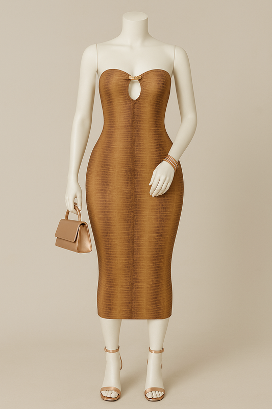 Sculpted Snakeskin Bodycon Midi Dress – Strapless Keyhole Cutout | Kimmy Couture