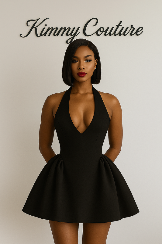 Kimmy Couture Black Halter Mini Dress – Elegant V-Neck Sleeveless Party Outfit for Women